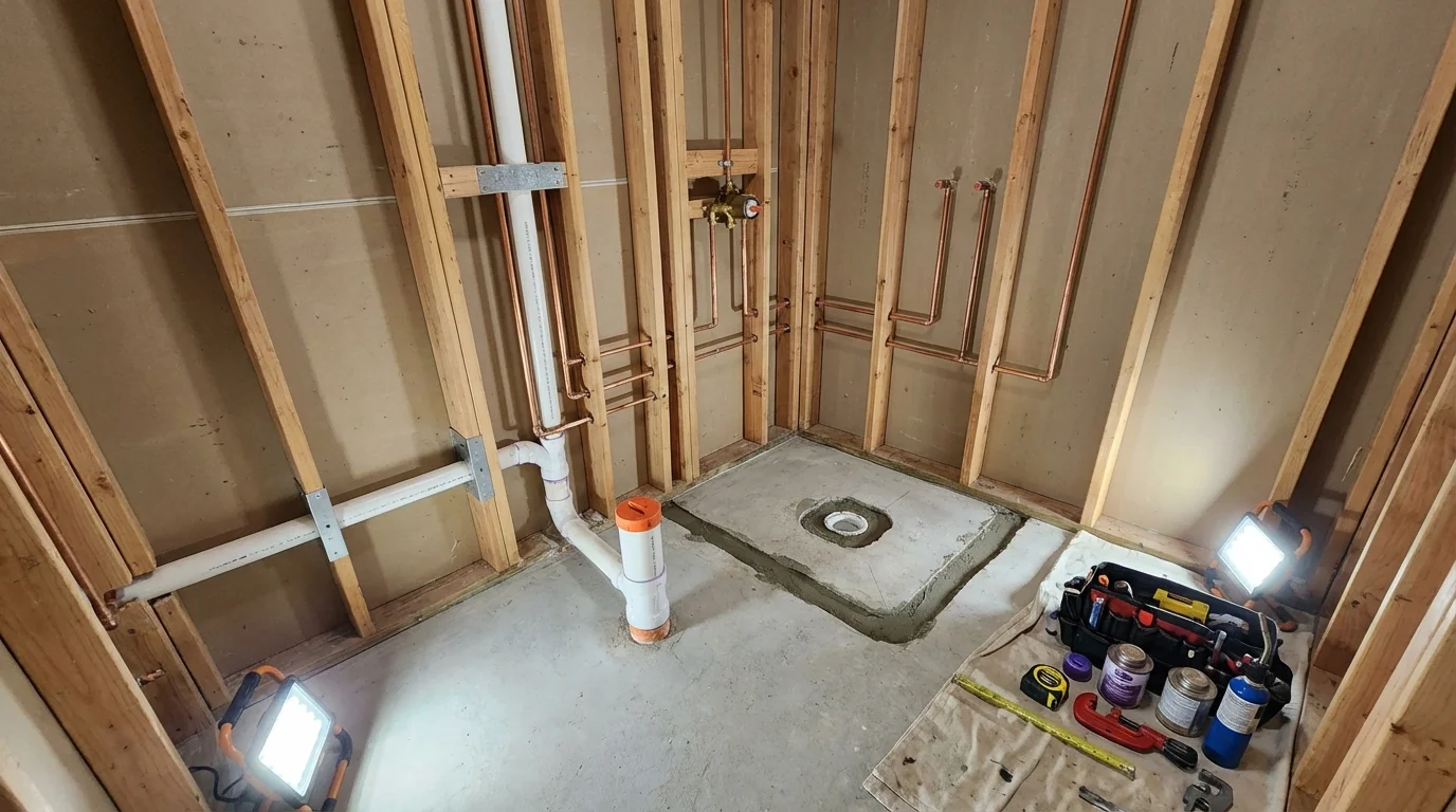 Bathroom rough-in plumbing during remodel by Johns Plumbing LLC in Commack