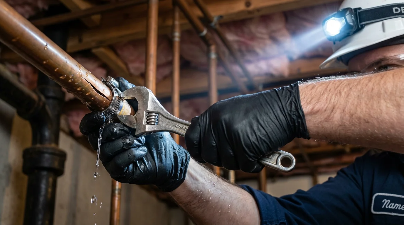 Emergency pipe clamp repair being performed by a Johns Plumbing LLC plumber in Commack