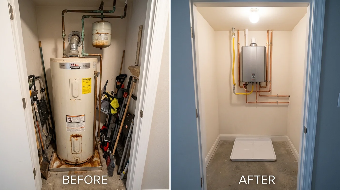 Tank water heater versus wall-mounted tankless unit comparison for Commack, NY homeowners