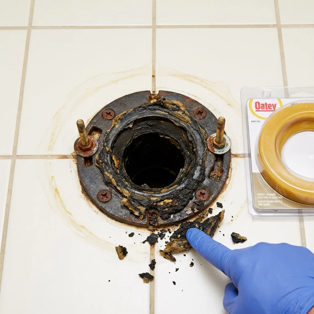 Failed wax ring showing water seepage at the base of a toilet in a Commack, NY home